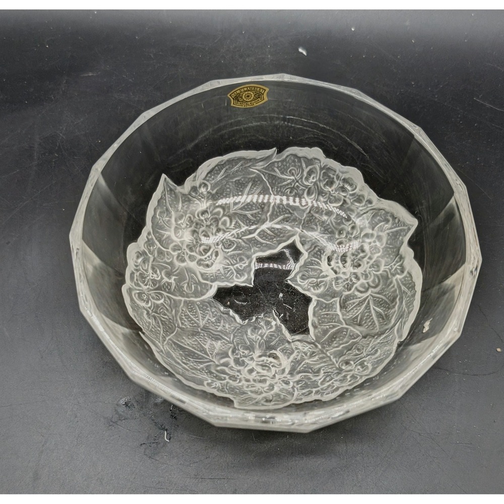 Val Saint Lambert Belgian Crystal Frosted Floral Faceted Bowl Signed Vintage 6"